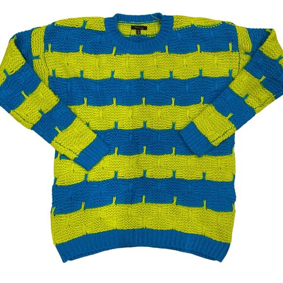 Timing Neon Yellow & Blue Long Sleeve Knit Sweater Size Medium - Picture 4 of 9